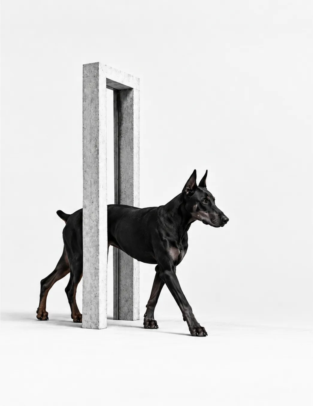 A Dobermann walking through a narrow doorway